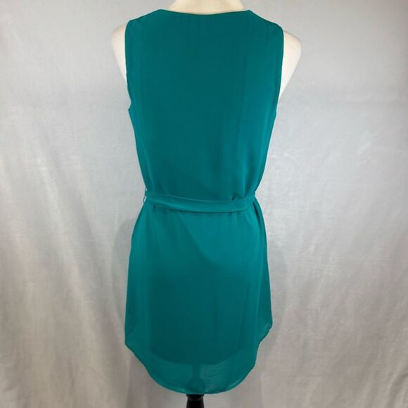 Teal green zipper front belted chiffon dress size small - Picture 3 of 6
